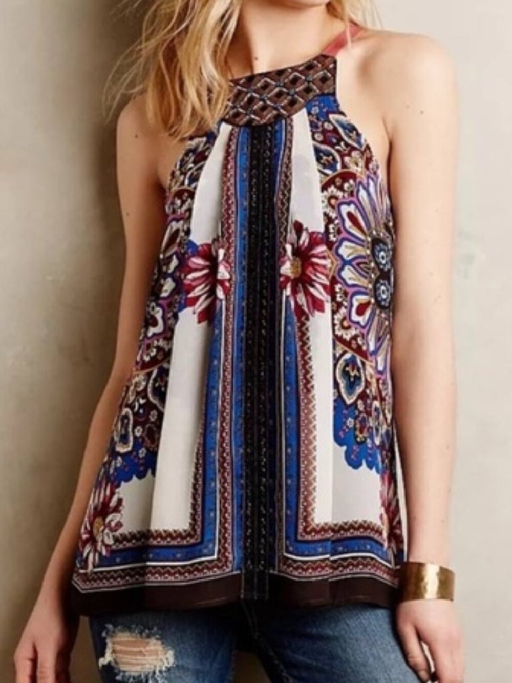 Anthropologie One September Black Scarf Print Boho Halter Tank
